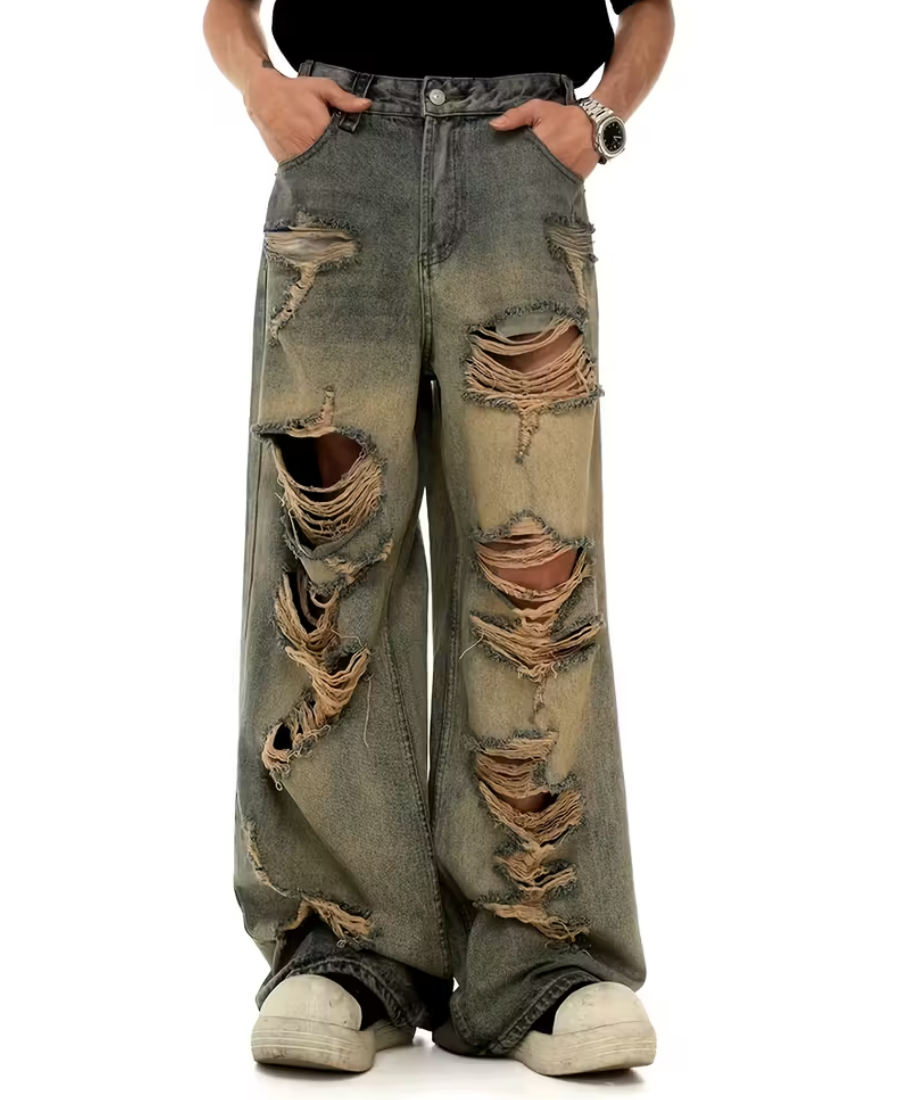 Dirty-Wash Ripped Pants