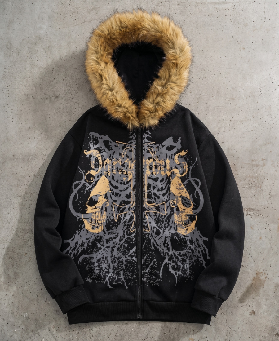 Dangerous Golden Skull Fur Zip-Up