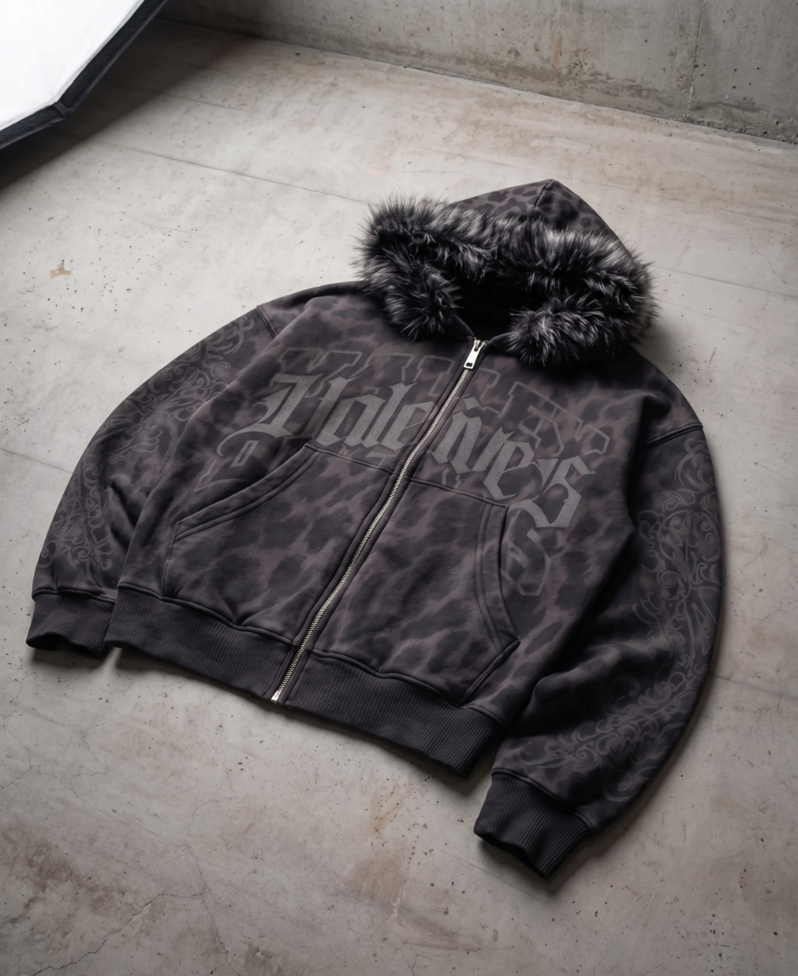 Sudadera con capucha de leopardo pulida en negro