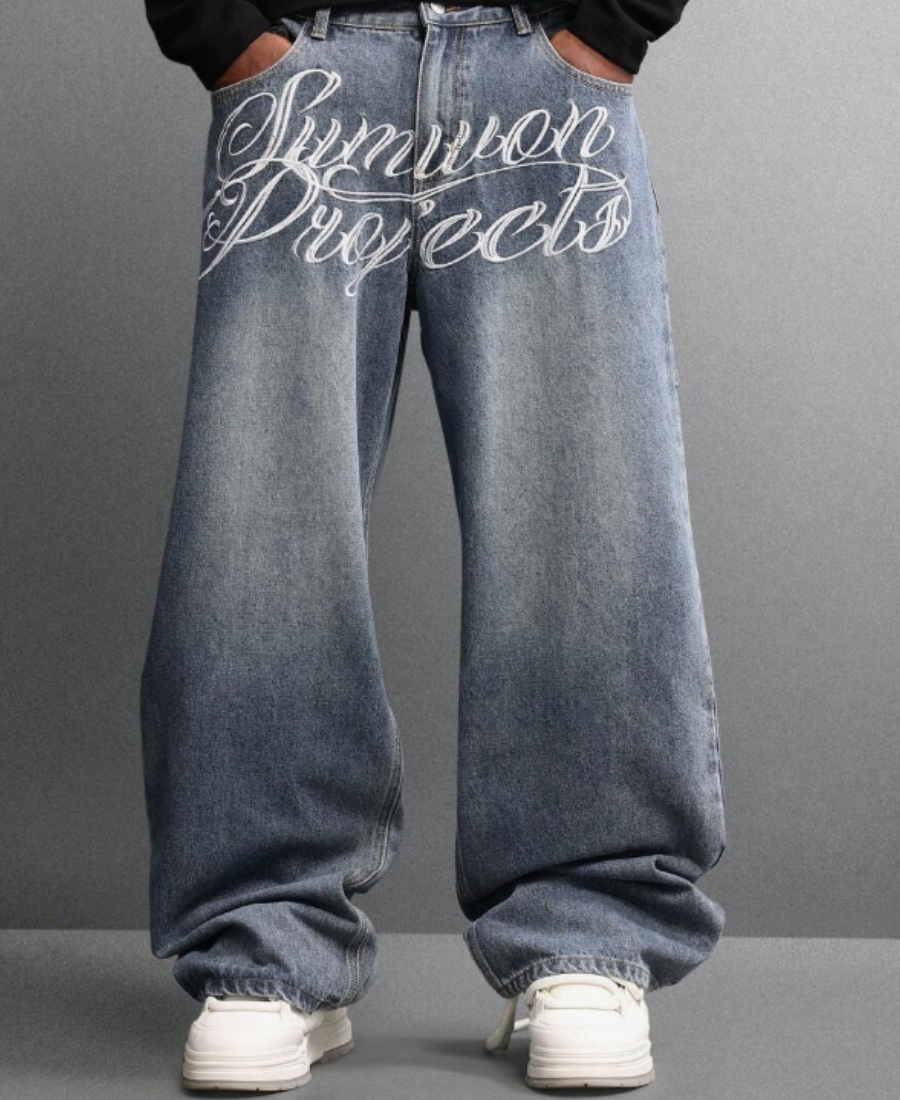 Script Embroidered Baggy Pants