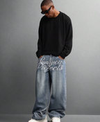 Script Embroidered Baggy Pants
