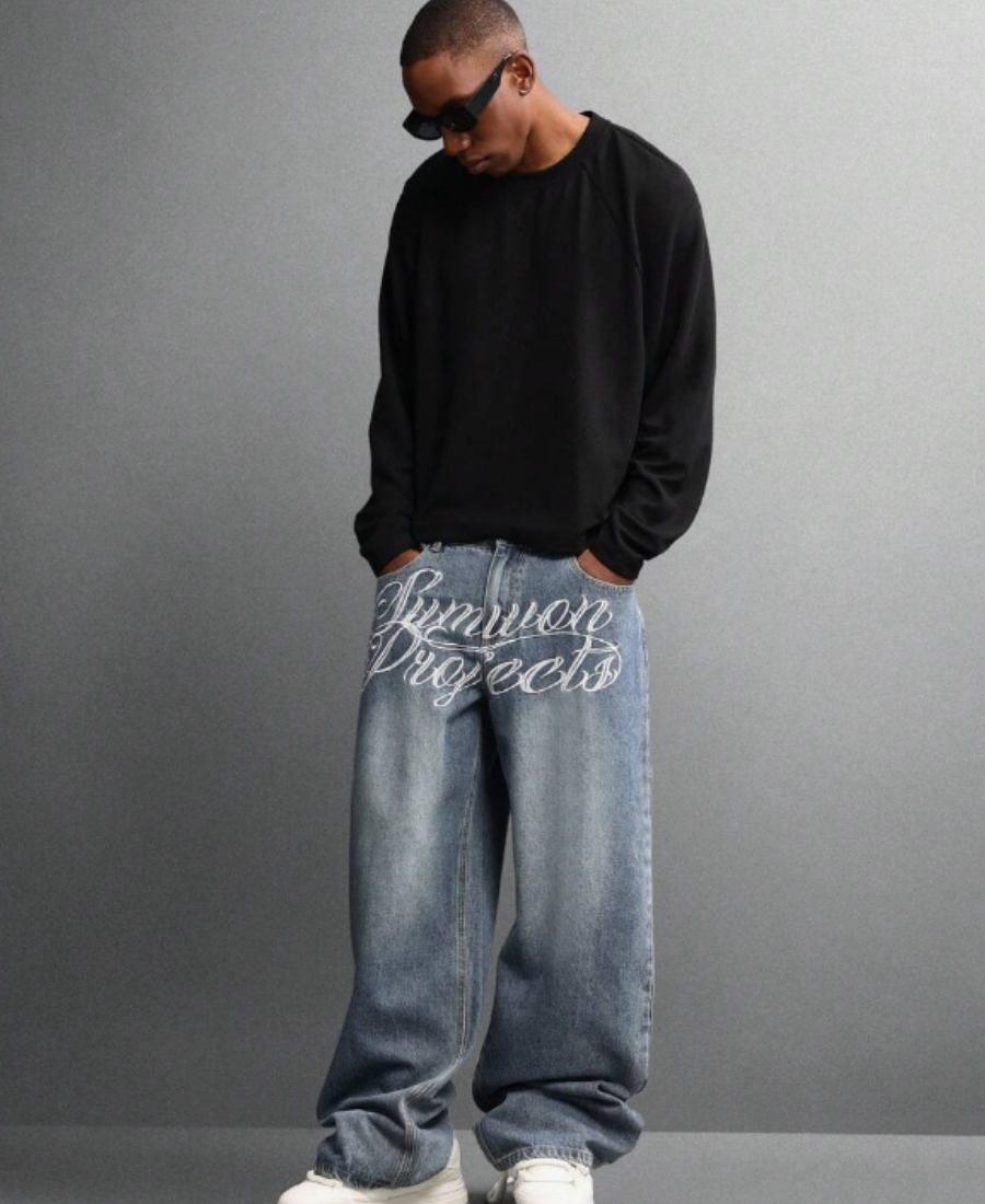 Script Embroidered Baggy Pants
