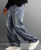 Script Embroidered Baggy Pants