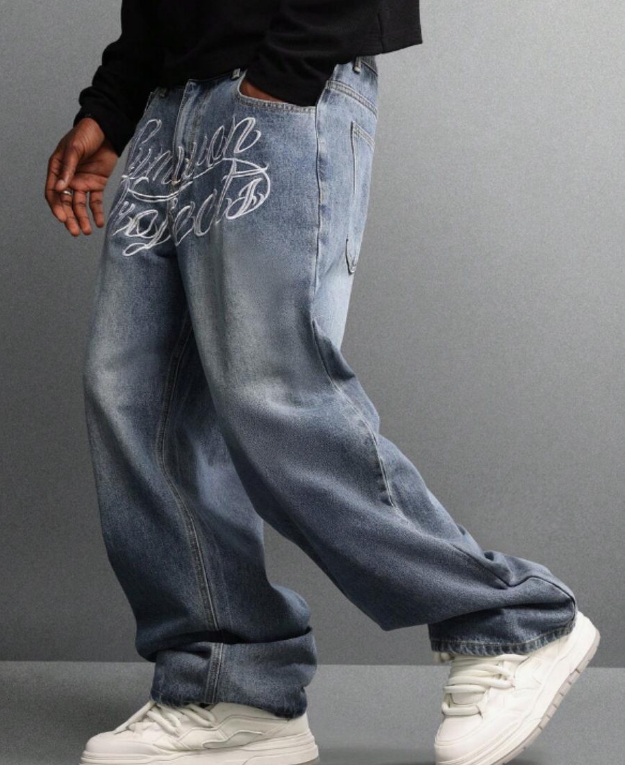 Script Embroidered Baggy Pants
