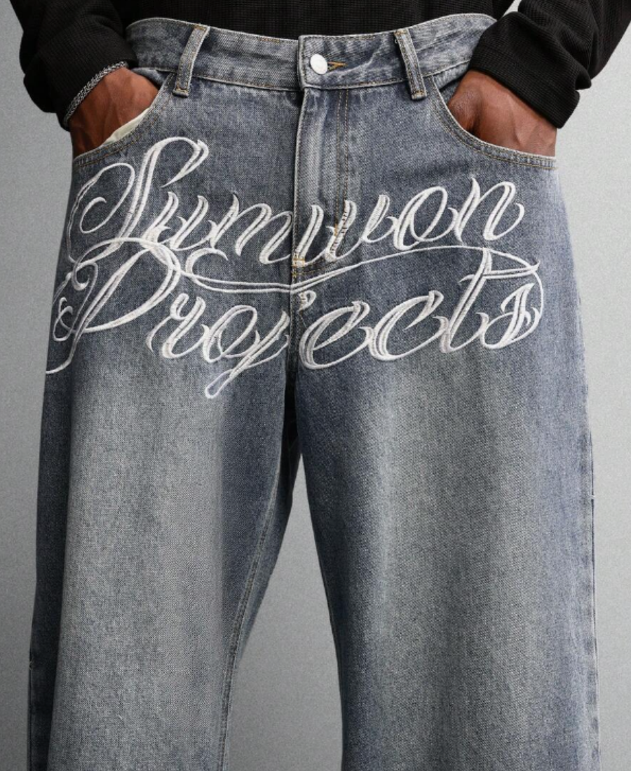Script Embroidered Baggy Pants